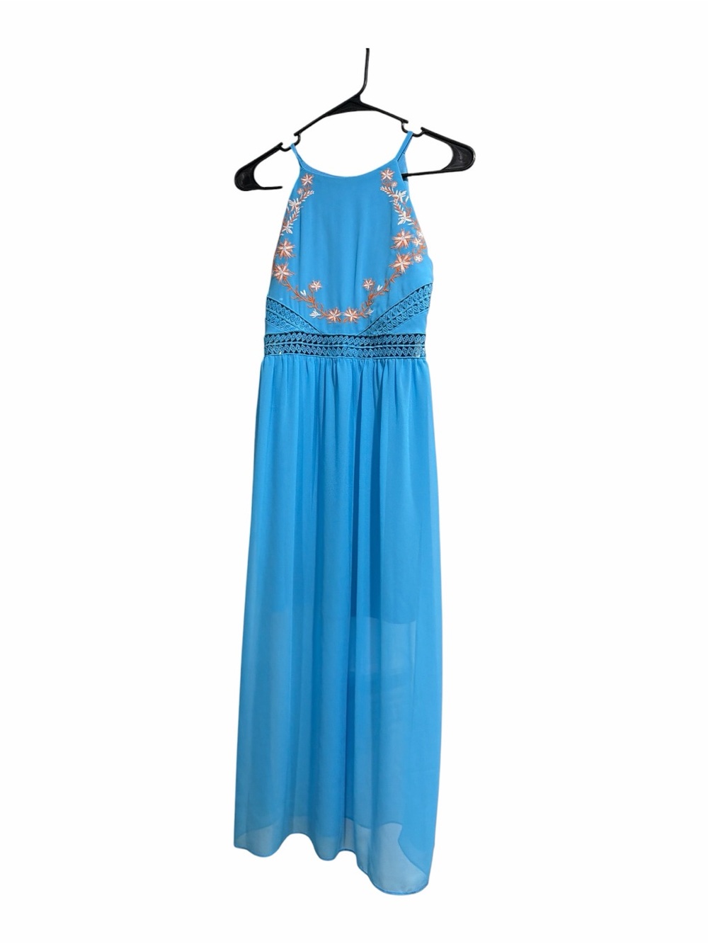 Amy Byer Blue Embroidered Halter Maxi Dress Crochet Waist Size 12